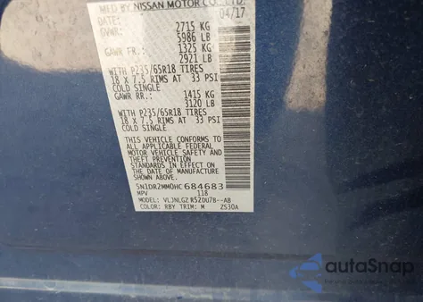 2017 Nissan Pathfinder Sl from USA, damaged, VIN 5N1DR2MM0HC684683